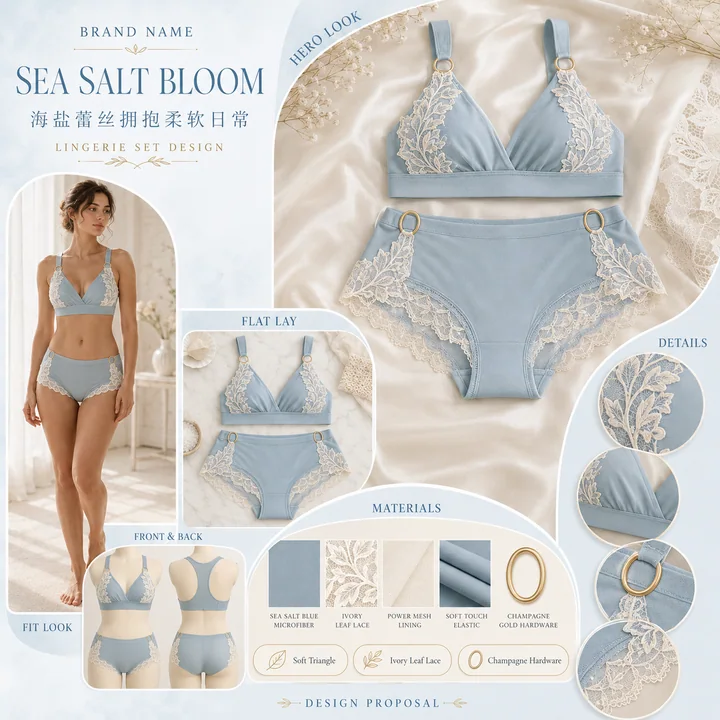 海盐蓝叶片蕾丝内衣设计提案全景图