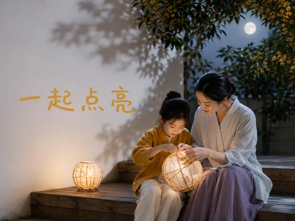 温暖中秋母女共制纸灯亲子写真海报