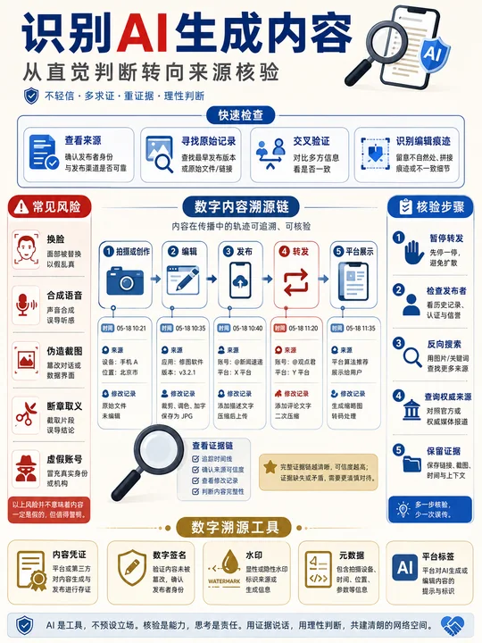 识别AI生成内容:全方位媒体素养科普信息图