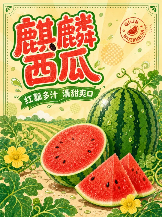 麒麟西瓜清新夏日Q版手绘商业插画海报