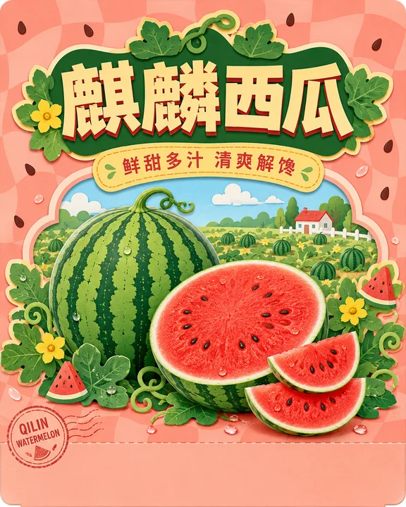Q版剪纸风麒麟西瓜创意台卡设计
