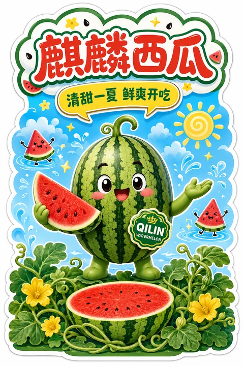 萌系麒麟西瓜立牌:清爽夏日视觉盛宴
