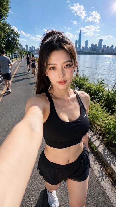 晨跑后的东亚女性超现实自拍