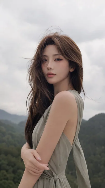 鼠尾草绿裙山间东亚女性人像