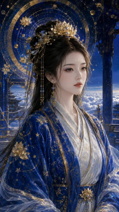 群青蓝金东方莲华圣女岩彩插画