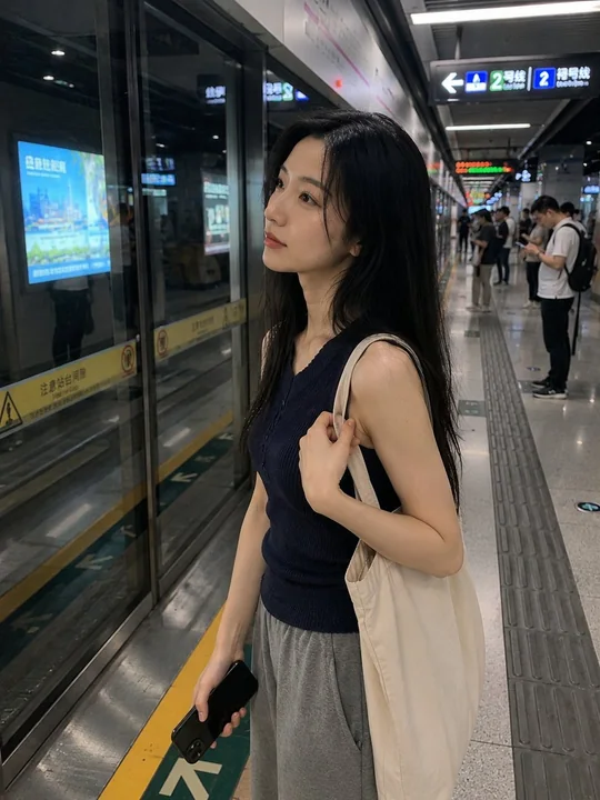 城市地铁站台等车的亚洲女性真实手机抓拍