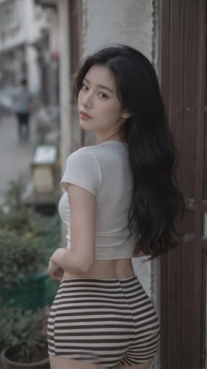 旧城街道回眸的黑发东亚女性