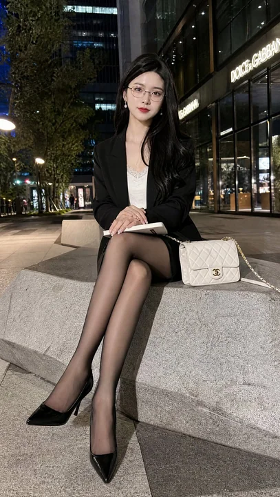 夜晚城市广场上的优雅东亚女性