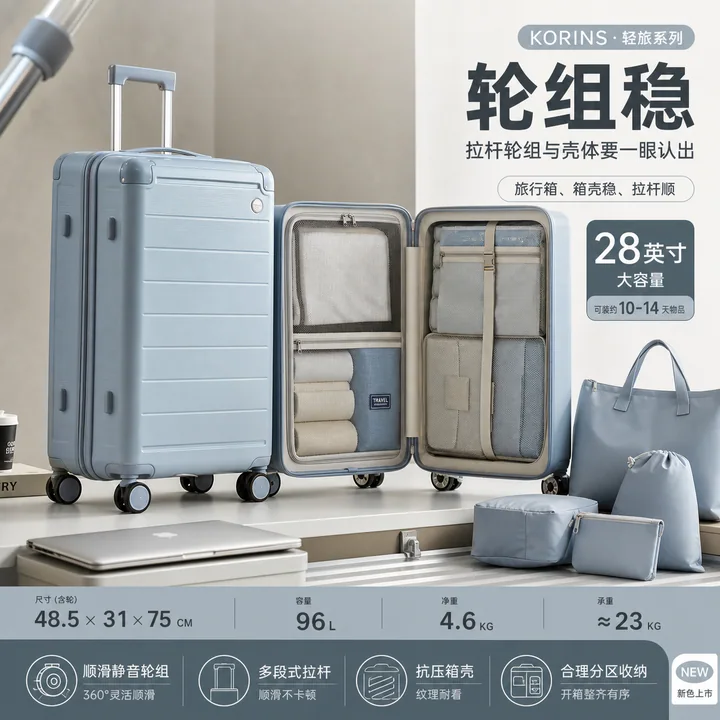 雾蓝象牙白简约大气行李箱开箱展示