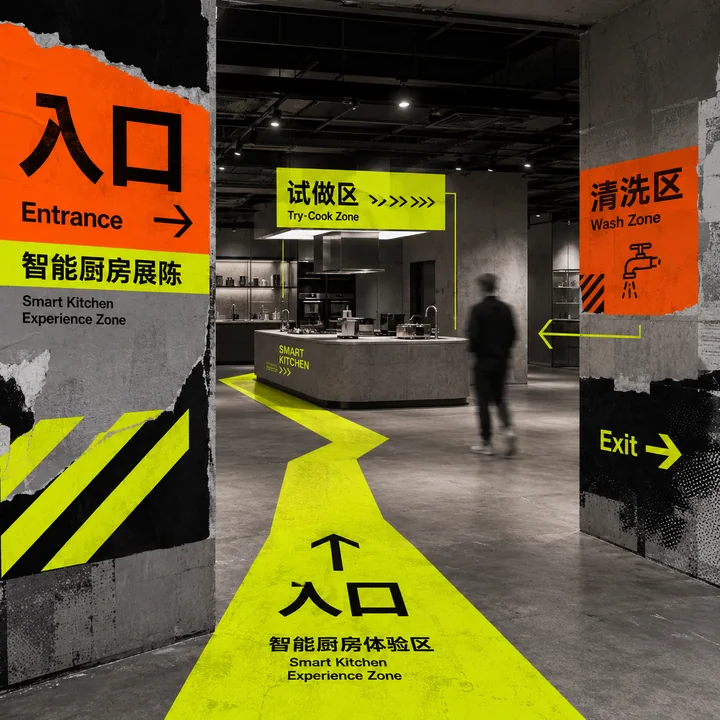 荧光动线指引的智能厨房展陈空间导视设计