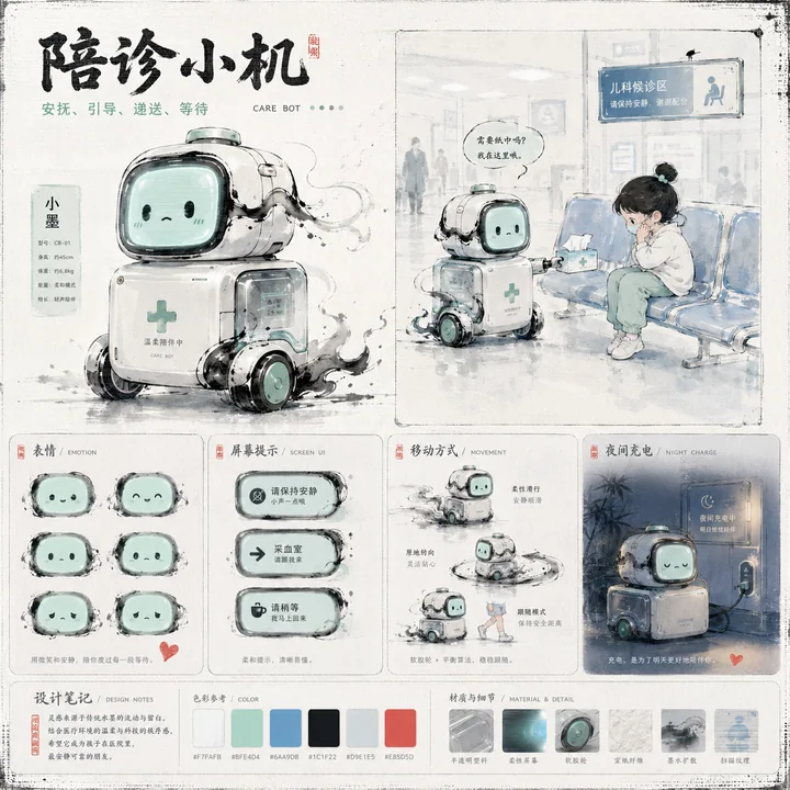 治愈系水墨陪诊机器人动画视觉开发设定图