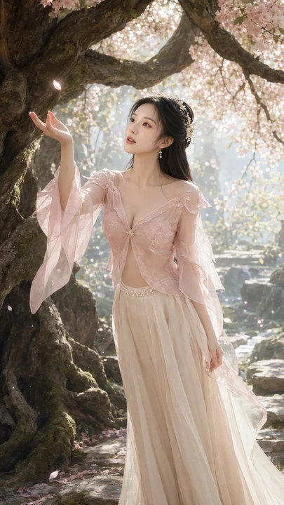 盛唐花灵:古树下的粉黛透罗裙贵女写真