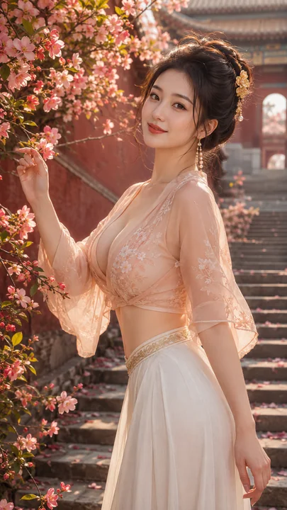 盛唐春日海棠花间明艳仕女图