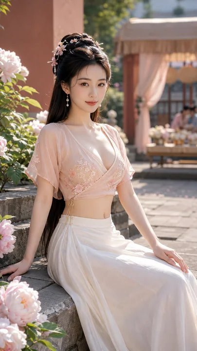 盛唐春宴:桃色轻罗贵女花阶写真