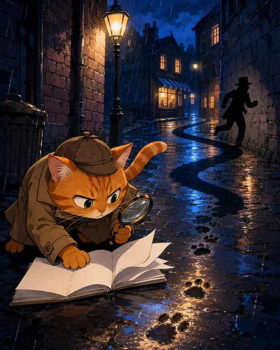 蓝色雨夜下的橘猫大侦探追逐离奇黑影