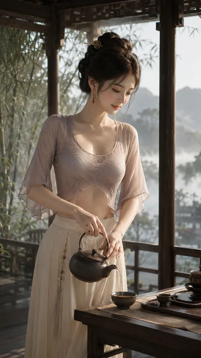 唐风仙韵:晨雾茶亭中的优雅仕女