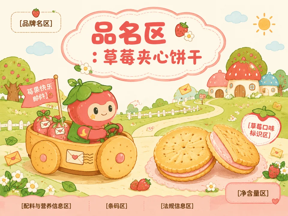 莓果村的草莓邮差:儿童饼干包装插画