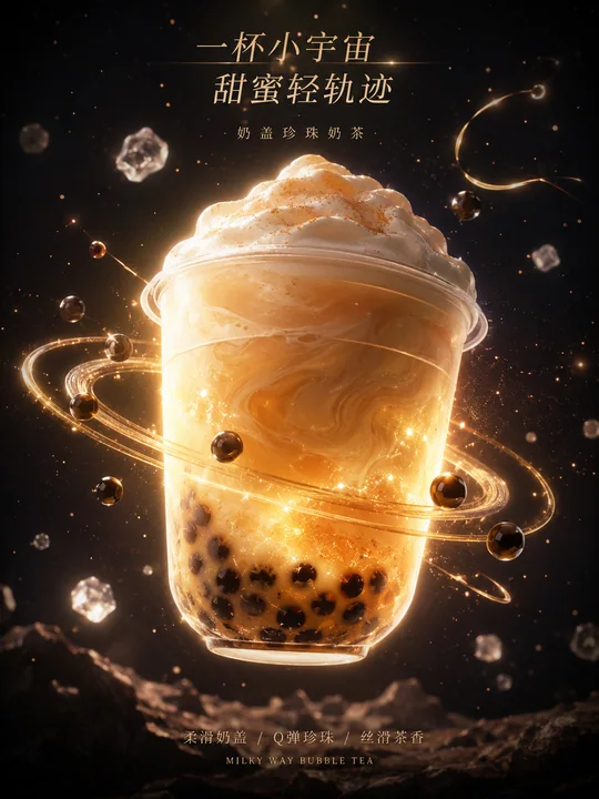 宇宙奶茶:星际环绕的梦幻甜品广告海报