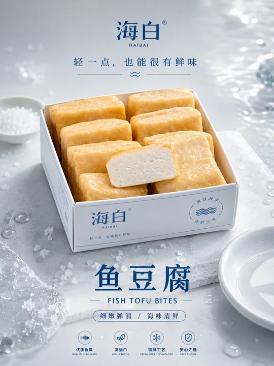 极简海洋风高端鱼豆腐海报