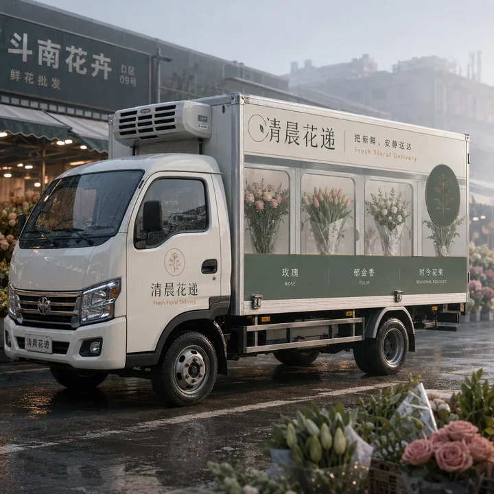 清晨花市中缓慢驶过的鲜花冷链流动冰箱