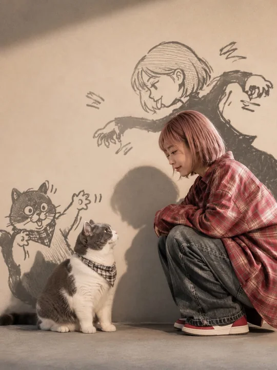 电影感粉发少女与猫咪动漫涂鸦影子