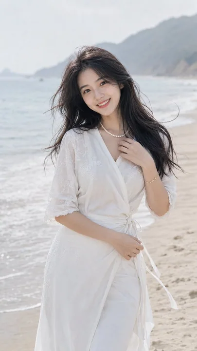 海边清新人像东亚女性摄影提示词