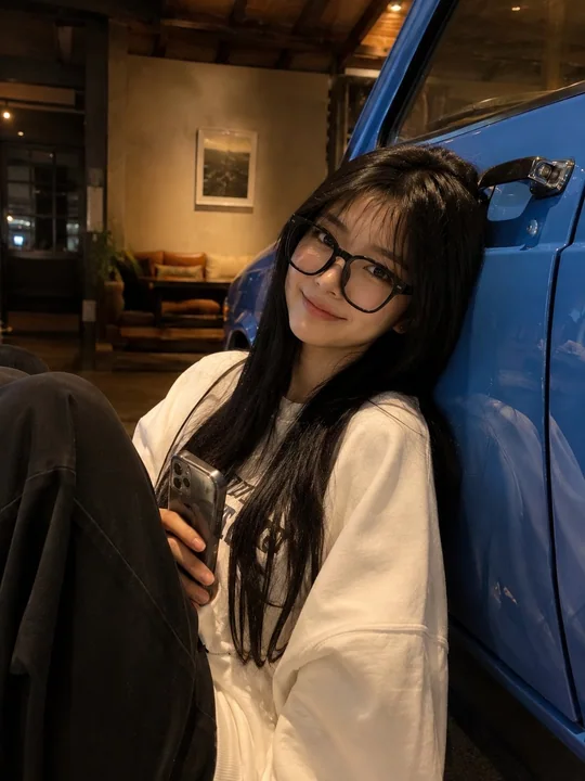 奶油白卫衣黑发少女氛围感街拍