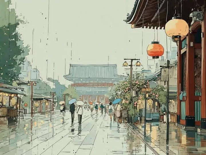 日式传统雨中寺庙小镇街道