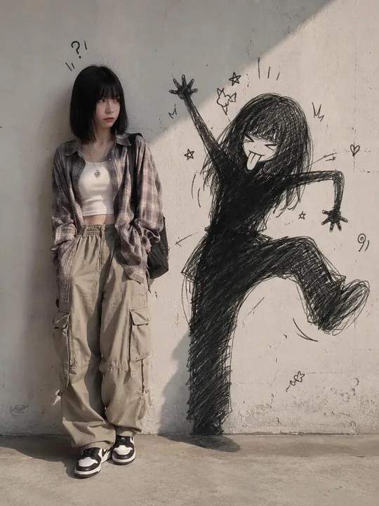 调皮涂鸦影子模仿时尚女孩幽默对比