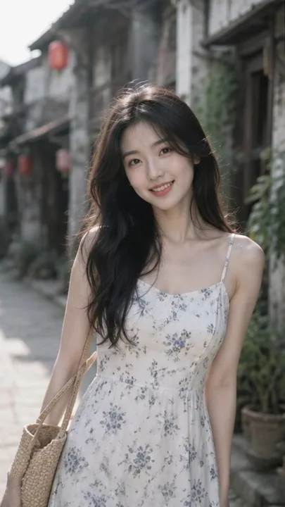 中国古镇石板路上的温柔东亚女性人像