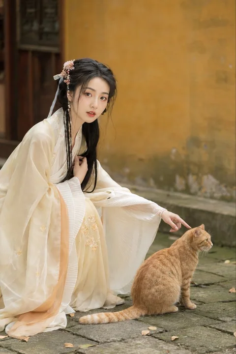 古风汉服女子与小狗庭院互动写真
