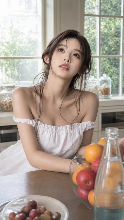 厨房餐桌旁温柔清新的东亚女性人像