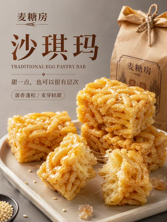 麦糖房沙琪玛高端写实美食摄影海报