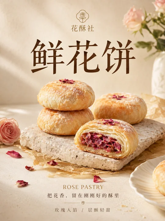 高级质感玫瑰鲜花饼中式烘焙海报