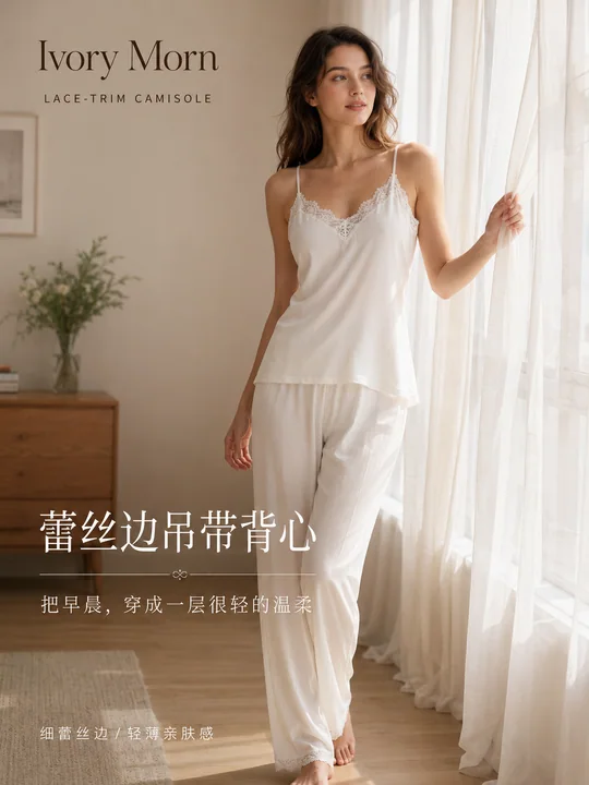 象牙白蕾丝吊带背心清晨家居写真海报