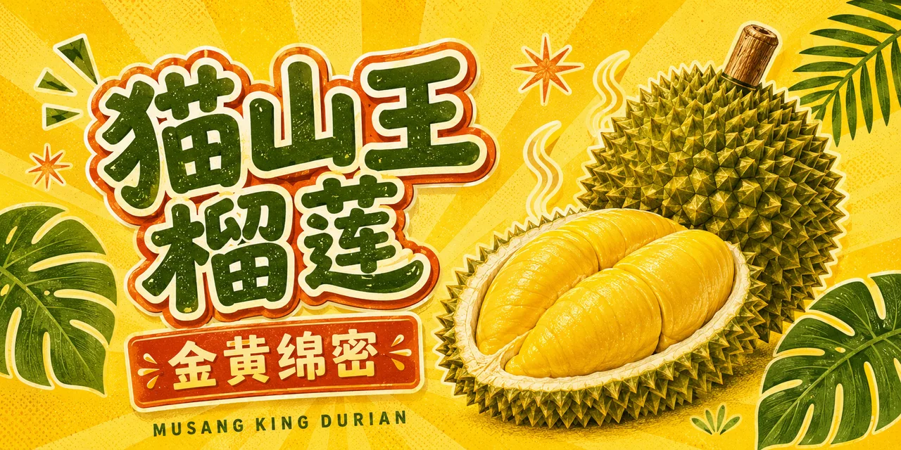 鲜明黄底Q版猫山王榴莲货架插牌设计