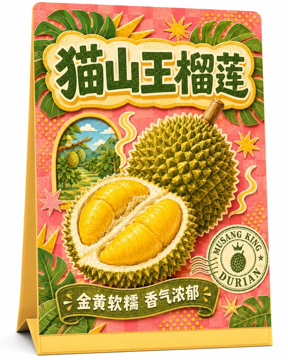 珊瑚粉色猫山王榴莲创意桌面台卡设计