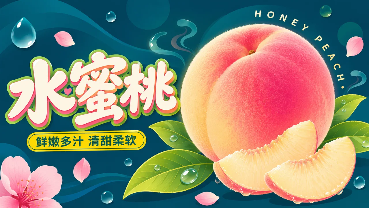 深蓝背景下的鲜甜水蜜桃扁平插画