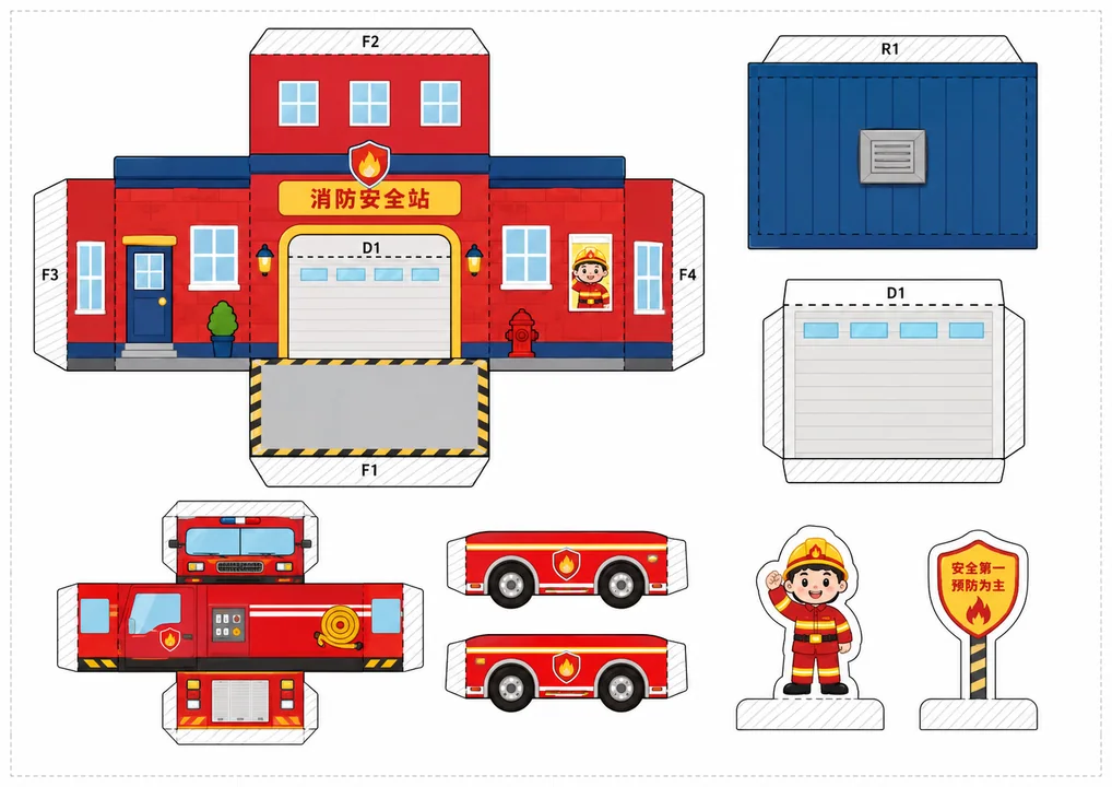 趣味城市消防站手工折纸模型A4打印模板