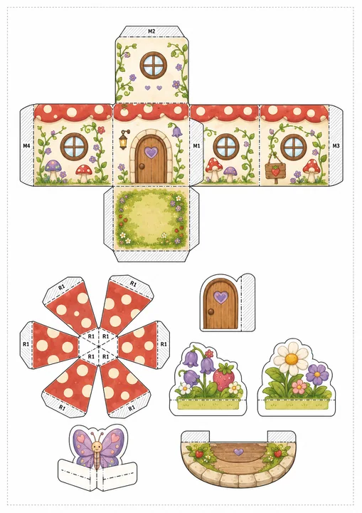森林精灵蘑菇屋纸玩具A4可打印折纸模板