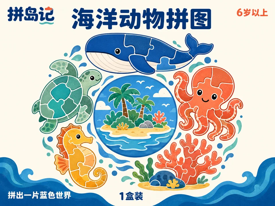 拼岛记海洋动物几何构图拼图包装插画