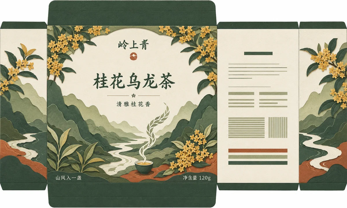 岭上青桂花乌龙茶民俗纸刻风格包装设计