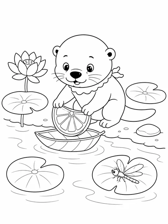 萌趣水獭制作橙子叶子船儿童涂色页