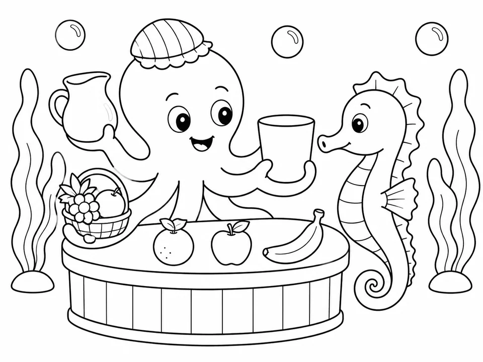 章鱼小厨师的海底果汁店儿童涂色页
