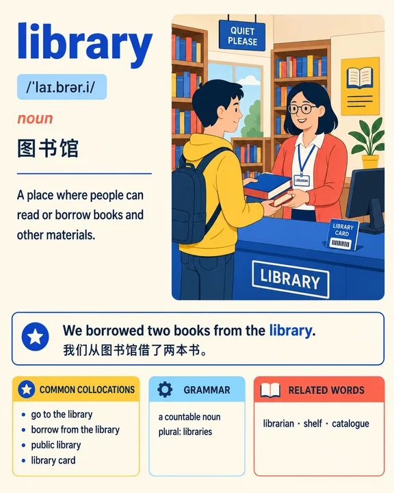 精致阳光教室风格图书馆英语词汇学习卡