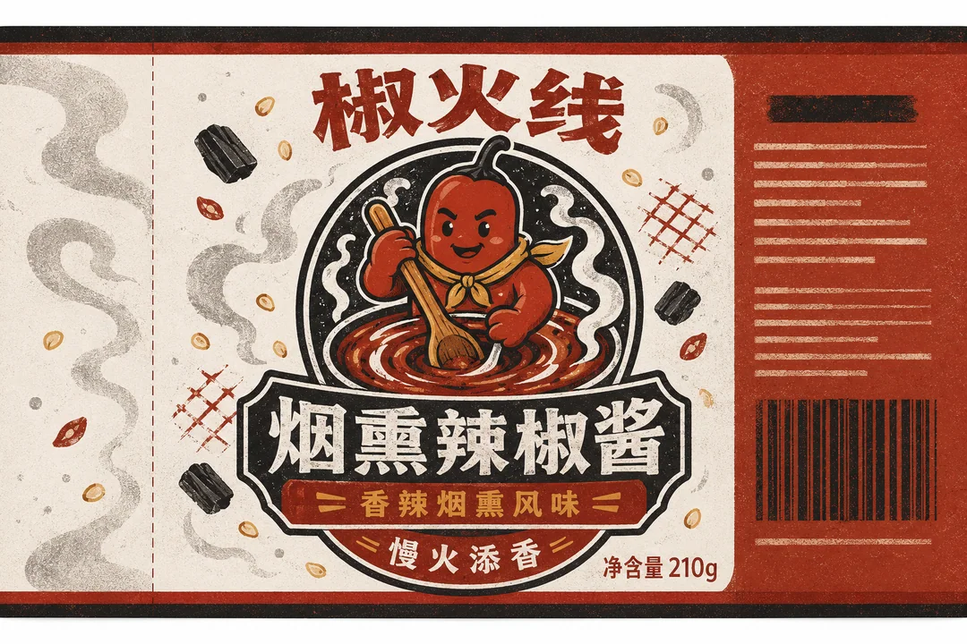 椒火线原创烟熏辣椒酱包装插画设计