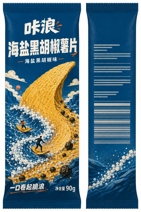 咔浪海盐黑胡椒薯片插画包装设计