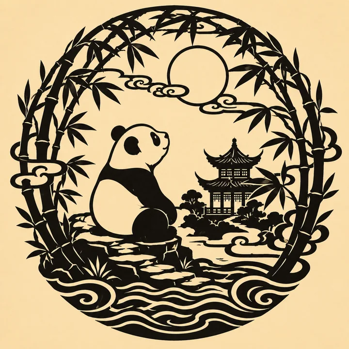 蜀韵中秋竹林熊猫剪纸窗花