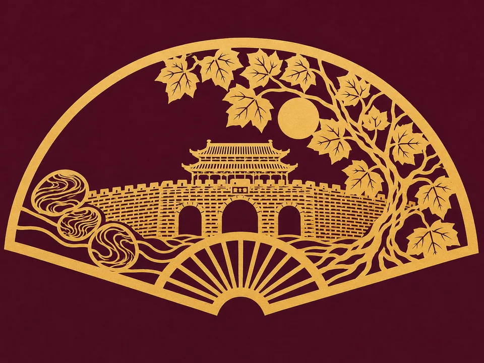 金陵明月剪纸扇面中华门之美