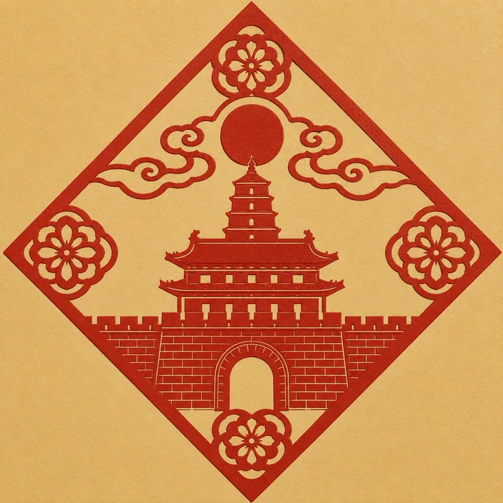 西安中秋古韵永宁门菱形窗花剪纸
